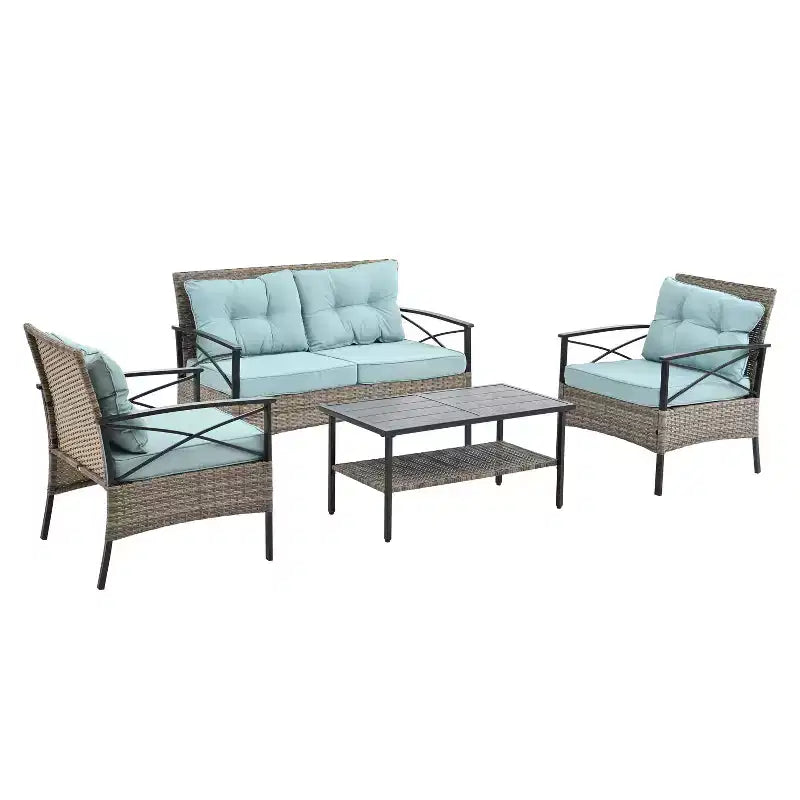 Meubles de patio, Meubles d'extérieur, Meubles de jardin en rotin synthétique, Ensemble quatre pièces en rotin synthétique avec table en métal noir