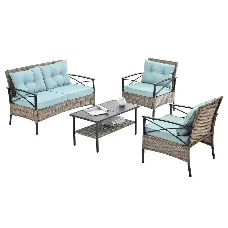 Meubles de patio, Meubles d'extérieur, Meubles de jardin en rotin synthétique, Ensemble quatre pièces en rotin synthétique avec table en métal noir