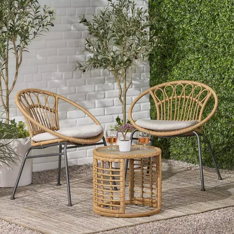 Christopher Knight Home Specter Ensemble de 3 meubles de conversation d'extérieur en osier et verre trempé avec coussins, marron clair/beige