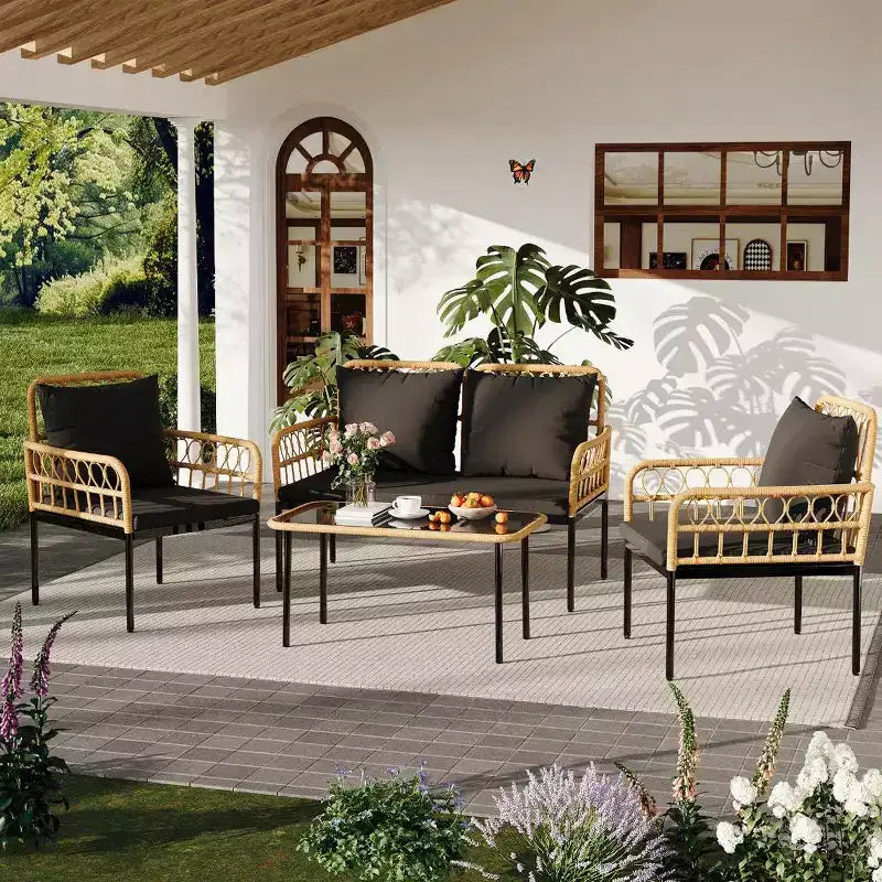 4 Piece Patio Conversation Sets, Wicker Outdoor Furniture Sets, 1 Loveseat & 2 Chairs & 1 Table, Boho Conversation Set for Patio, Black
