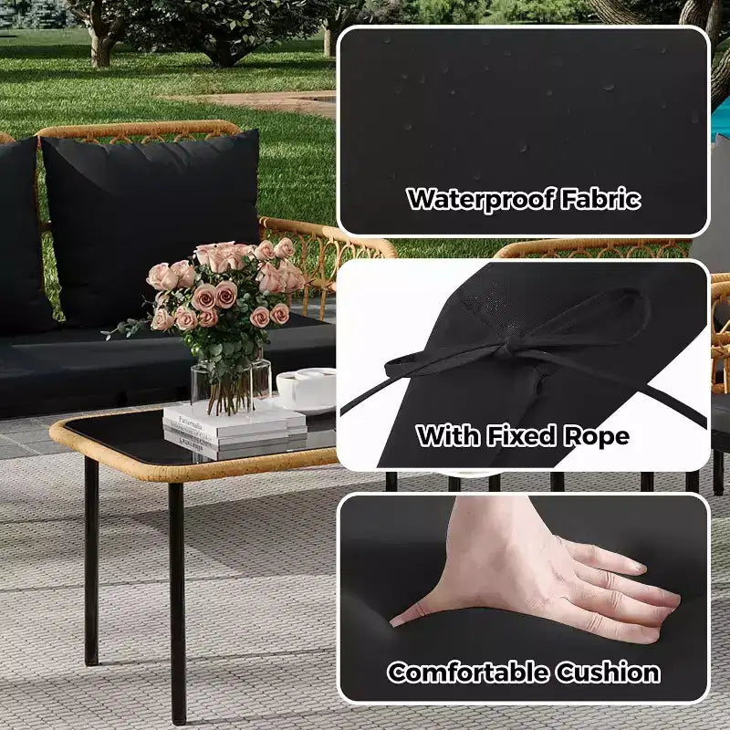 Ensemble de conversation d'extérieur 4 pièces en osier, 1 causeuse, 2 chaises et 1 table, ensemble de conversation bohème pour patio, noir