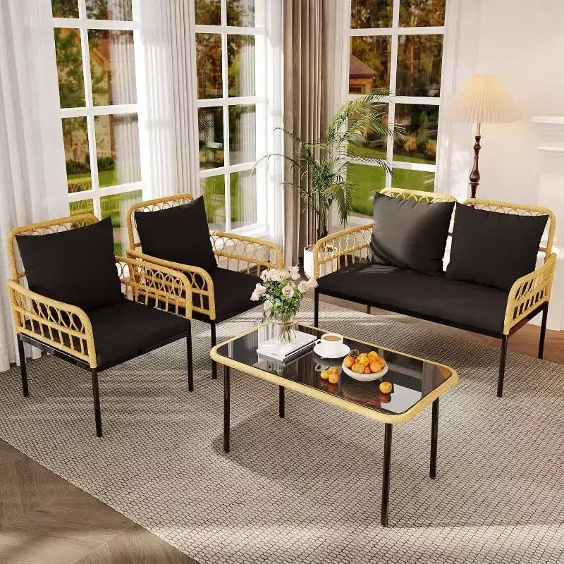 Ensemble de conversation d'extérieur 4 pièces en osier, 1 causeuse, 2 chaises et 1 table, ensemble de conversation bohème pour patio, noir