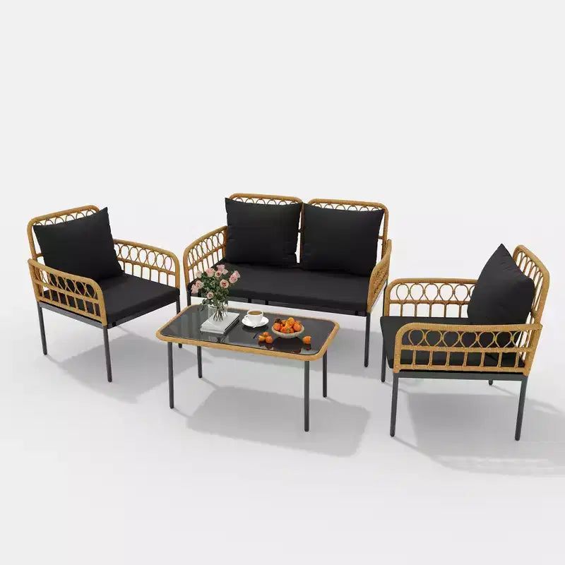 Ensemble de conversation d'extérieur 4 pièces en osier, 1 causeuse, 2 chaises et 1 table, ensemble de conversation bohème pour patio, noir