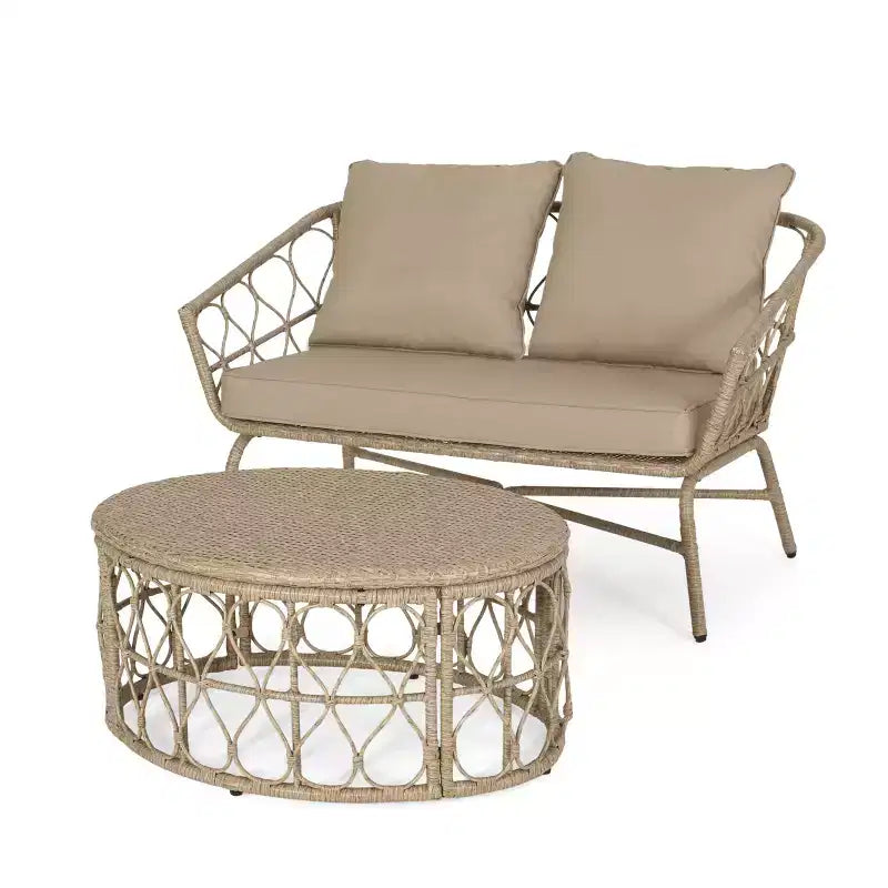 GDFStudio Colmar Causeuse et table basse d'extérieur en osier avec coussins, marron clair/beige