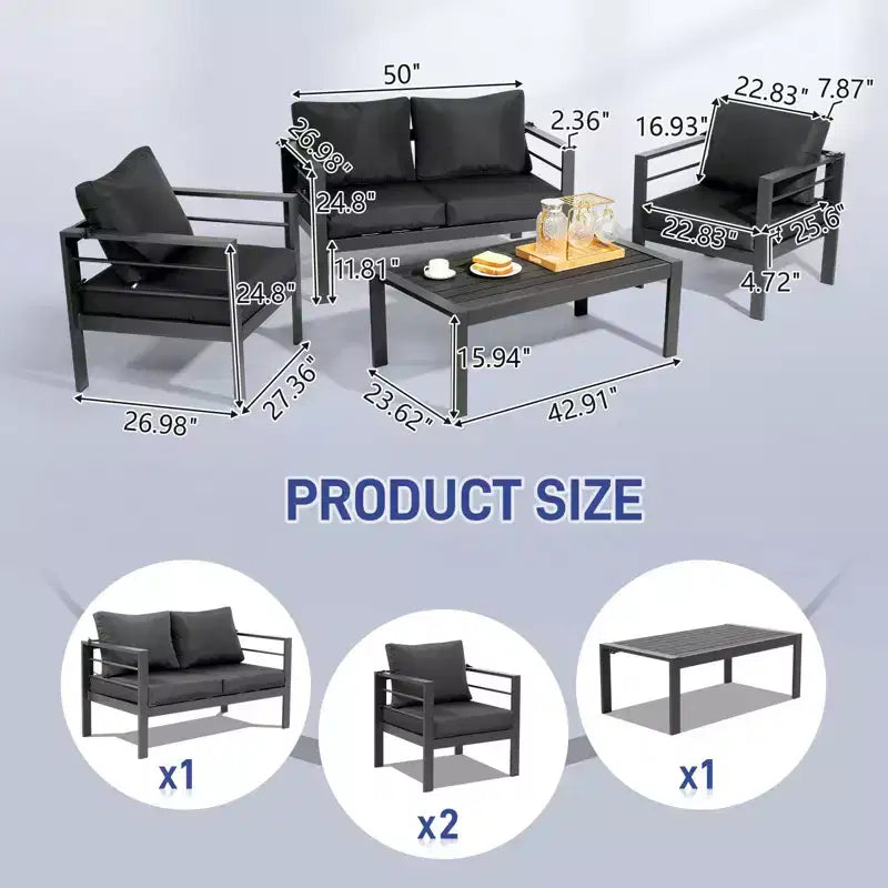 Ensemble de conversation d'extérieur 4 pièces en aluminium gris foncé Karl Home avec coussins gris foncé