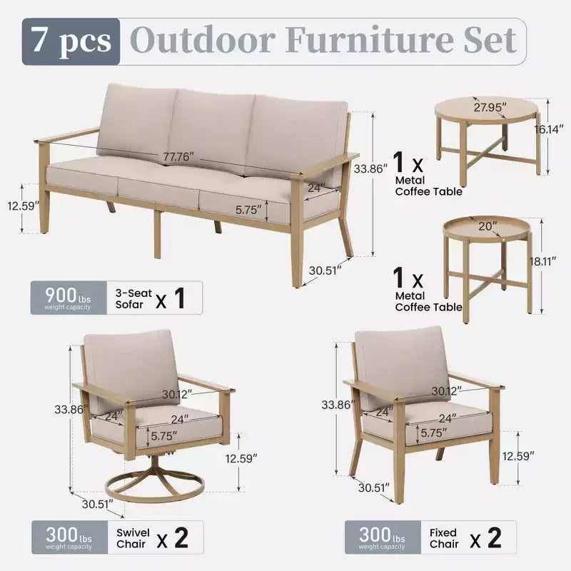 Ensemble de conversation de patio extérieur 7 pièces Captiva Designs avec dossier à bandes croisées et coussins épais pour terrasse, jardin ou piscine