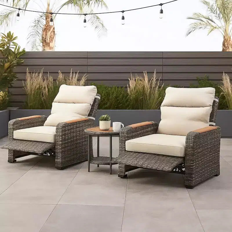 Teamson Home - Ensemble de 3 fauteuils inclinables en osier d'extérieur avec accoudoirs en bois et coussins