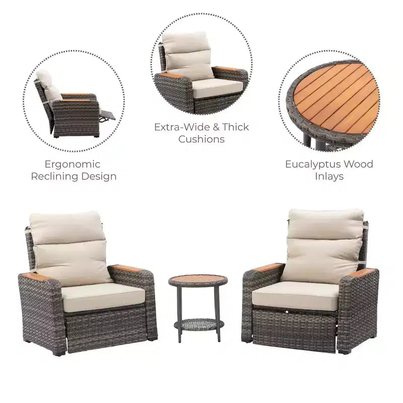 Teamson Home - Ensemble de 3 fauteuils inclinables en osier d'extérieur avec accoudoirs en bois et coussins