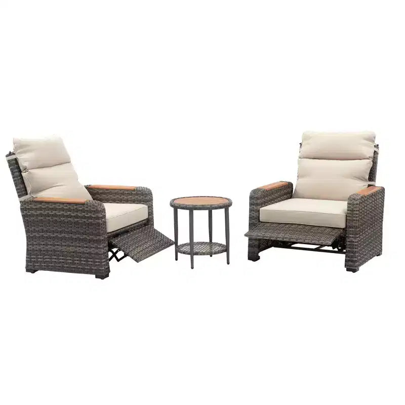 Teamson Home - Ensemble de 3 fauteuils inclinables en osier d'extérieur avec accoudoirs en bois et coussins