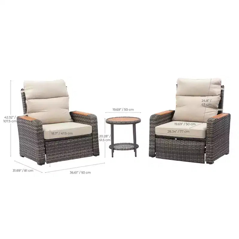 Teamson Home - Ensemble de 3 fauteuils inclinables en osier d'extérieur avec accoudoirs en bois et coussins
