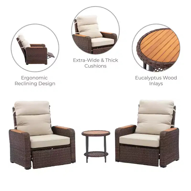 Teamson Home - Ensemble de 3 fauteuils inclinables en osier d'extérieur avec accoudoirs en bois et coussins