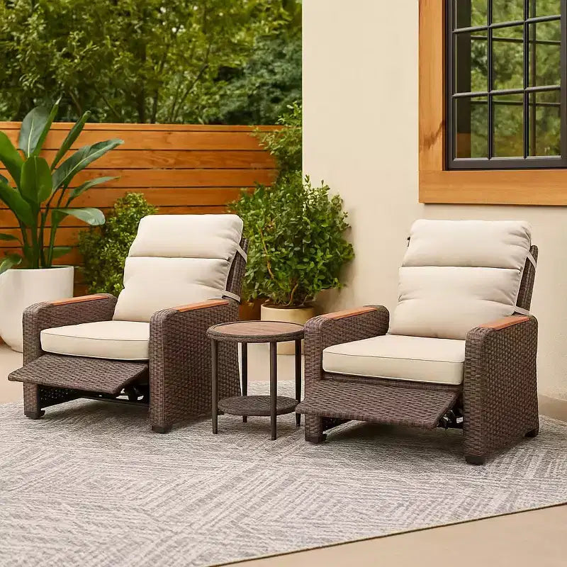Teamson Home - Ensemble de 3 fauteuils inclinables en osier d'extérieur avec accoudoirs en bois et coussins