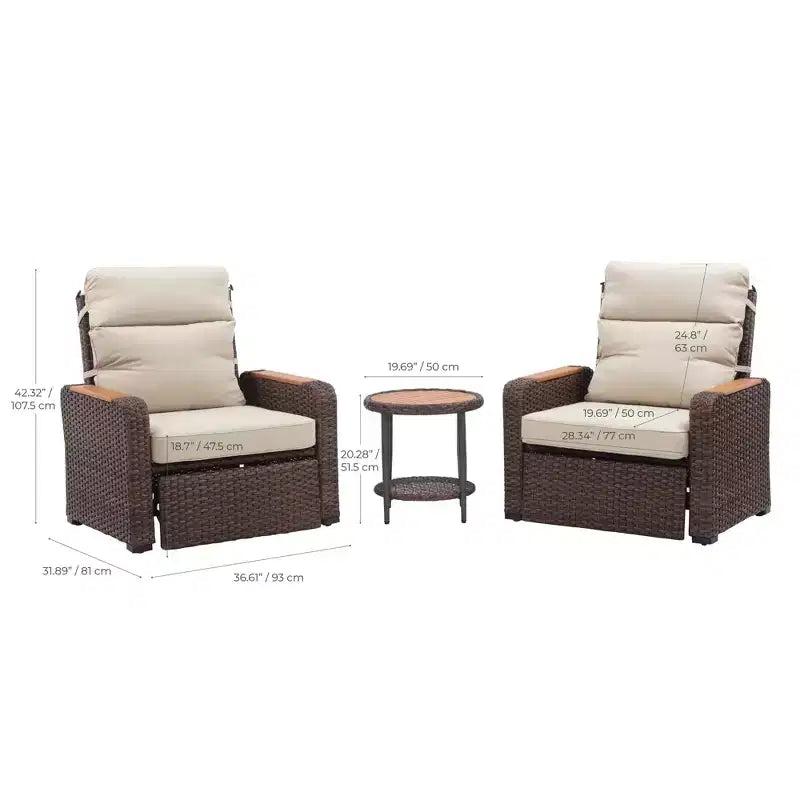 Teamson Home - Ensemble de 3 fauteuils inclinables en osier d'extérieur avec accoudoirs en bois et coussins
