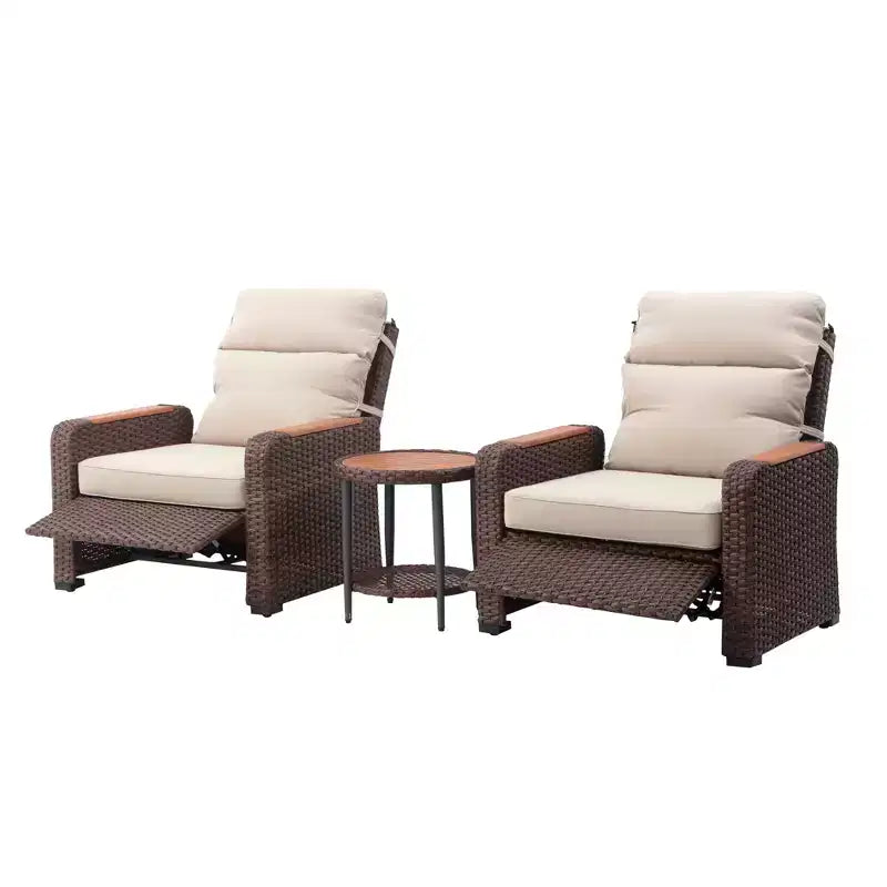 Teamson Home - Ensemble de 3 fauteuils inclinables en osier d'extérieur avec accoudoirs en bois et coussins