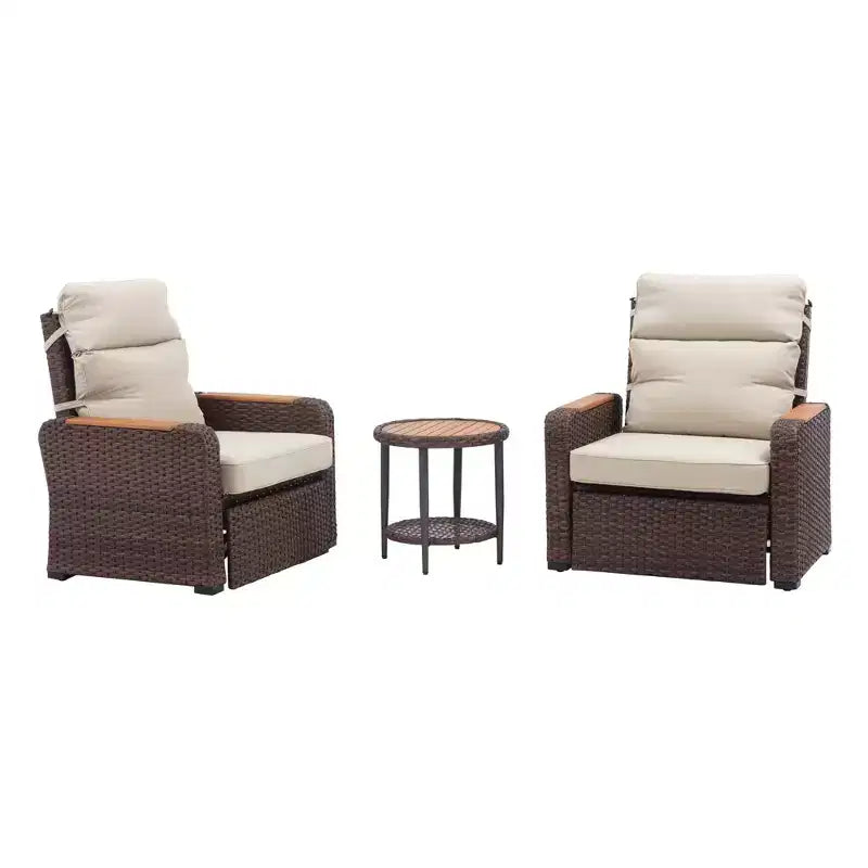 Teamson Home - Ensemble de 3 fauteuils inclinables en osier d'extérieur avec accoudoirs en bois et coussins