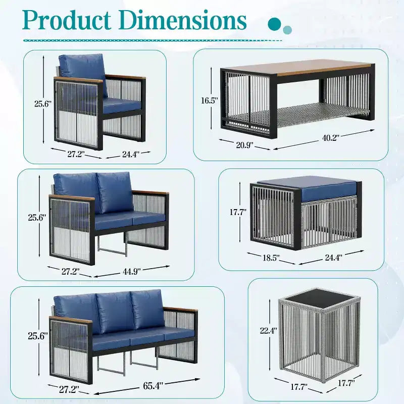 Espace de discussion extérieur moderne EROMMY de 6 pièces avec canapé modulable, poufs et table basse