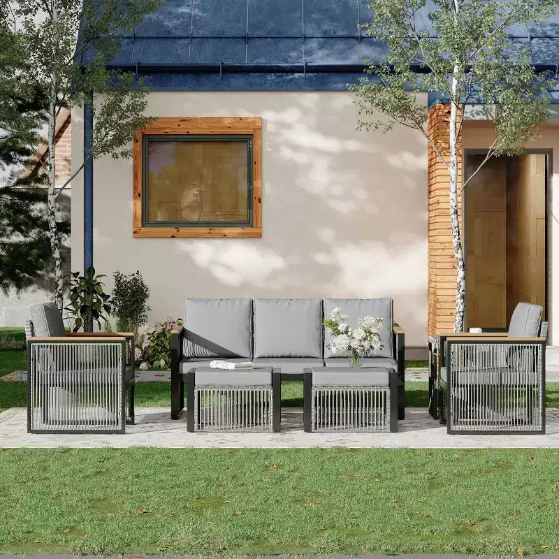 Ensemble de conversation d'extérieur moderne EROMMY 7 pièces avec canapé modulable, poufs et table basse