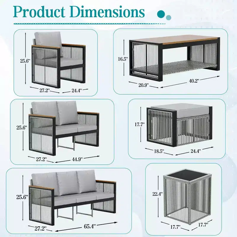 Ensemble de conversation d'extérieur moderne EROMMY 7 pièces avec canapé modulable, poufs et table basse