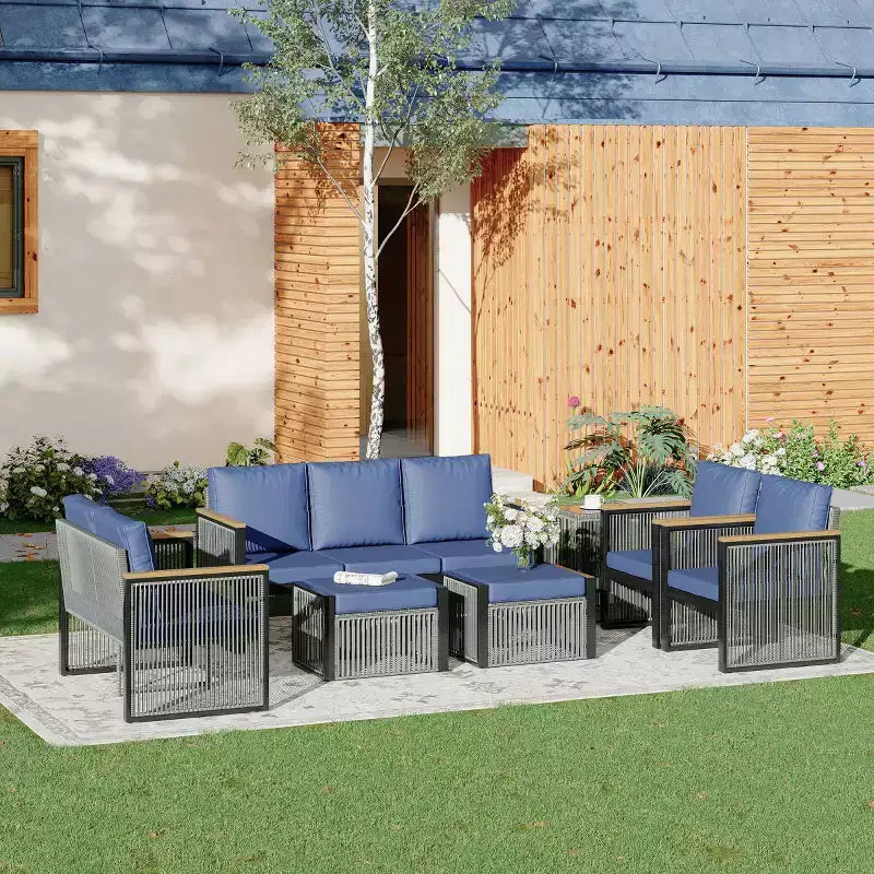 Ensemble de conversation d'extérieur moderne EROMMY 7 pièces avec canapé modulable, poufs et table basse