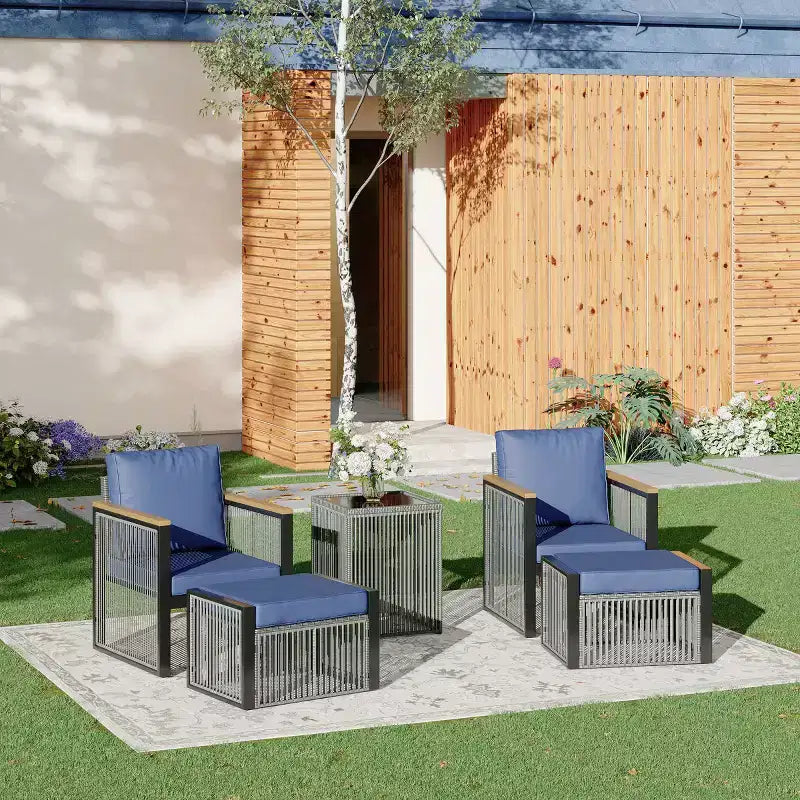 Ensemble de conversation d'extérieur moderne EROMMY 7 pièces avec canapé modulable, poufs et table basse
