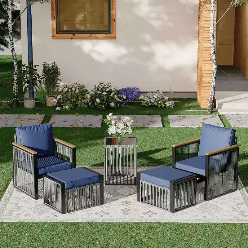 Ensemble de conversation d'extérieur moderne EROMMY 7 pièces avec canapé modulable, poufs et table basse
