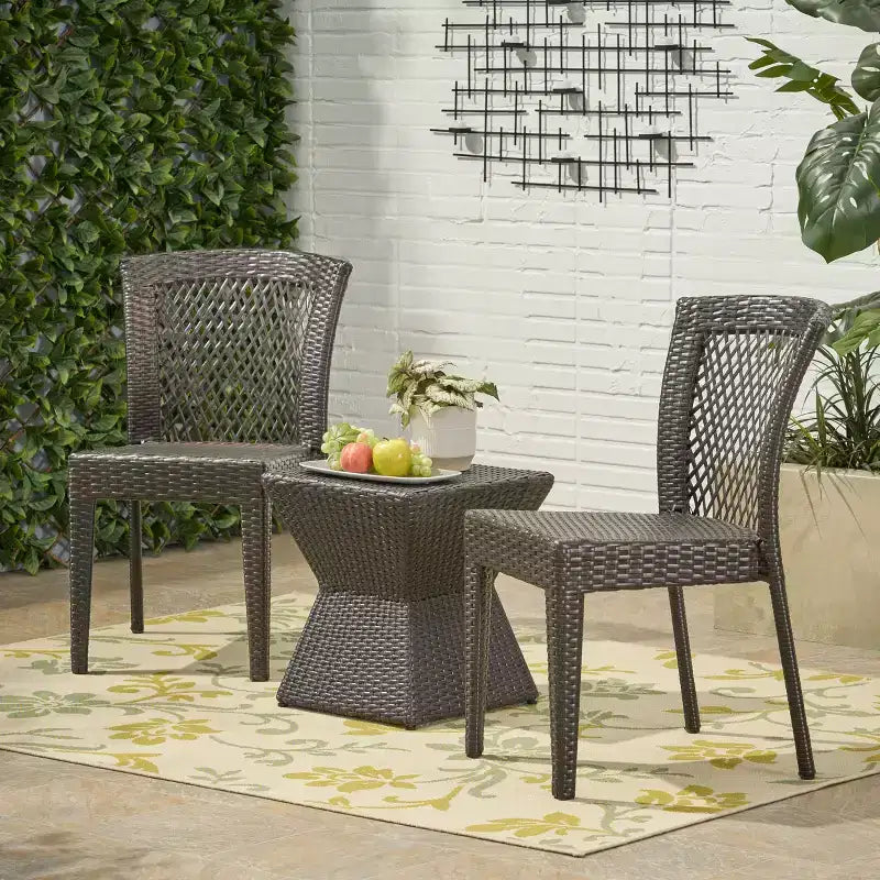 Christopher Knight Home Oleander, ensemble de conversation d'extérieur en osier 3 pièces avec chaises empilables, marron multicouleur