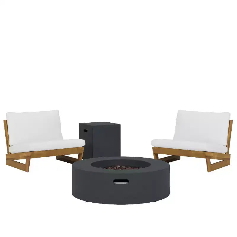 Fauteuils de club d'extérieur en bois d'acacia Christopher Knight Home Sherwood avec coussins et foyer circulaire