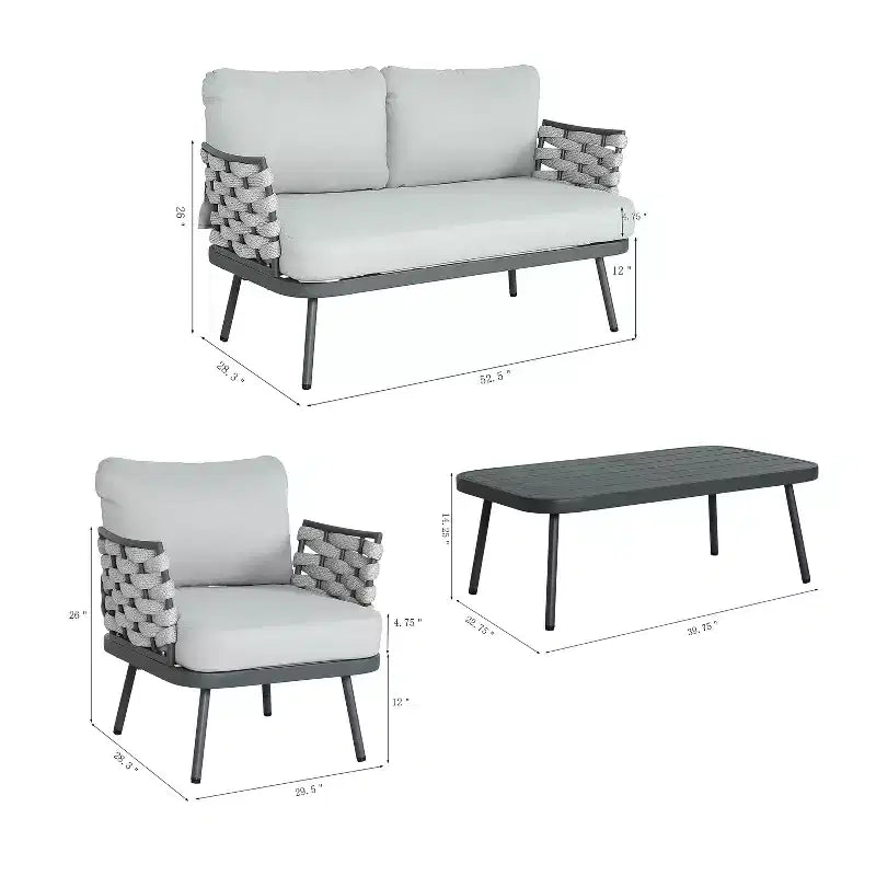 Christopher Knight Home Belle Ensemble de 4 pièces pour patio, moderne, en métal et corde tressée avec table basse
