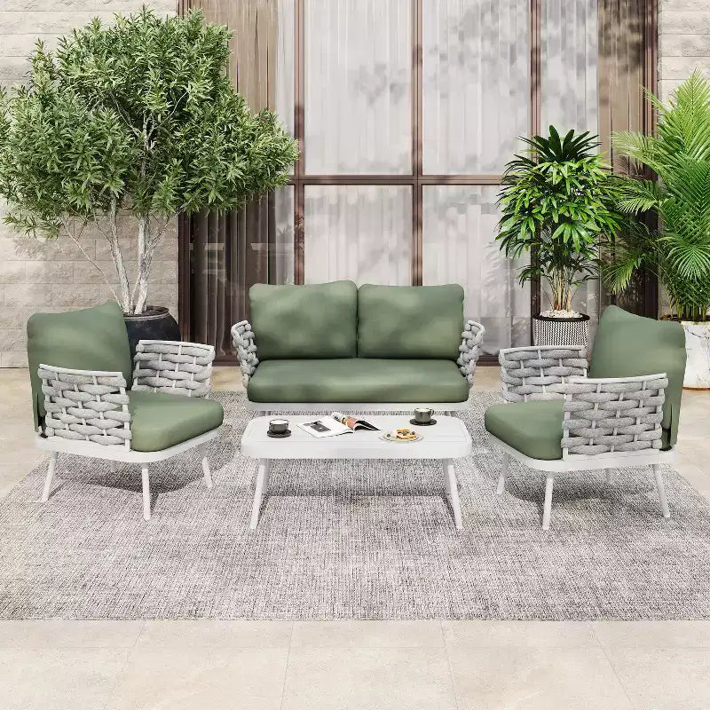 Christopher Knight Home Belle Ensemble de 4 pièces pour patio, moderne, en métal et corde tressée avec table basse