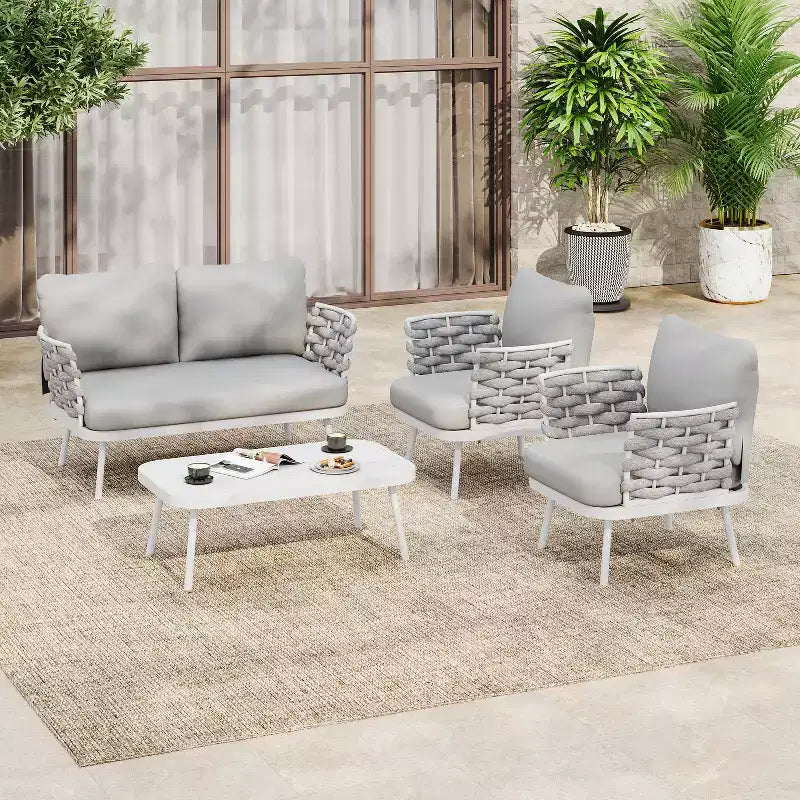 Christopher Knight Home Belle Ensemble de 4 pièces pour patio, moderne, en métal et corde tressée avec table basse