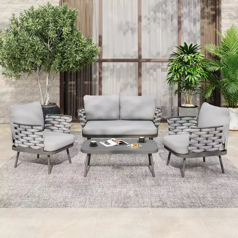 Christopher Knight Home Belle Ensemble de 4 pièces pour patio, moderne, en métal et corde tressée avec table basse
