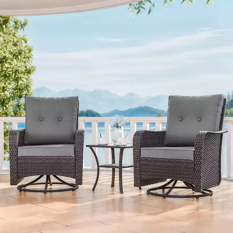 ALAULM 3 Pièces Chaises Basculantes Pivotantes en Rotin pour Patio - Chaises à Bascule Pivotantes d'extérieur avec 1 Table Basse en Rotin