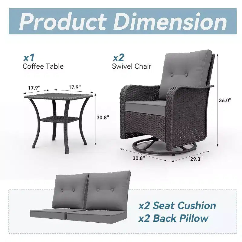 ALAULM 3 Pièces Chaises Basculantes Pivotantes en Rotin pour Patio - Chaises à Bascule Pivotantes d'extérieur avec 1 Table Basse en Rotin