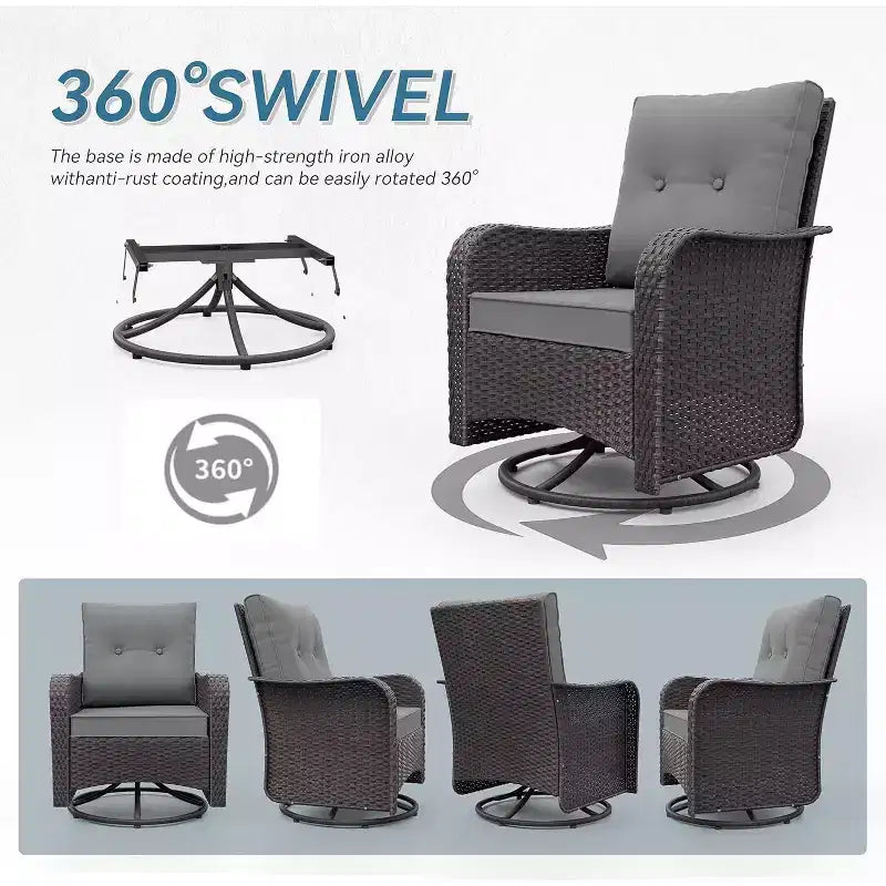 ALAULM 3 Pièces Chaises Basculantes Pivotantes en Rotin pour Patio - Chaises à Bascule Pivotantes d'extérieur avec 1 Table Basse en Rotin