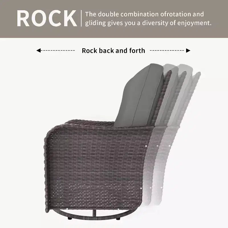 ALAULM 3 Pièces Chaises Basculantes Pivotantes en Rotin pour Patio - Chaises à Bascule Pivotantes d'extérieur avec 1 Table Basse en Rotin