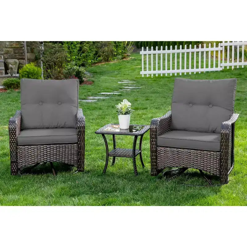 ALAULM 3 Pièces Chaises Basculantes Pivotantes en Rotin pour Patio - Chaises à Bascule Pivotantes d'extérieur avec 1 Table Basse en Rotin