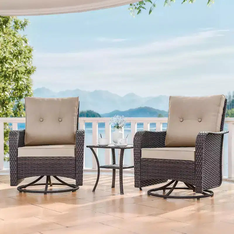 ALAULM 3 Pièces Chaises Basculantes Pivotantes en Rotin pour Patio - Chaises à Bascule Pivotantes d'extérieur avec 1 Table Basse en Rotin
