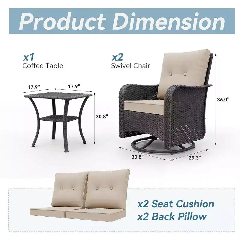 ALAULM 3 Pièces Chaises Basculantes Pivotantes en Rotin pour Patio - Chaises à Bascule Pivotantes d'extérieur avec 1 Table Basse en Rotin