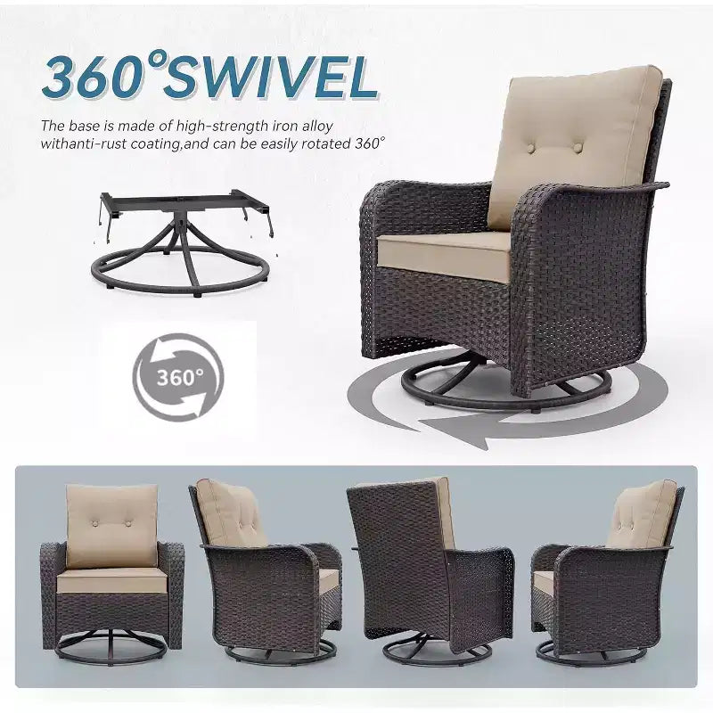 ALAULM 3 Pièces Chaises Basculantes Pivotantes en Rotin pour Patio - Chaises à Bascule Pivotantes d'extérieur avec 1 Table Basse en Rotin