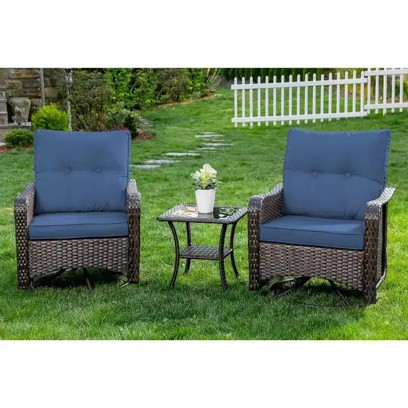 ALAULM 3 Pièces Chaises Basculantes Pivotantes en Rotin pour Patio - Chaises à Bascule Pivotantes d'extérieur avec 1 Table Basse en Rotin