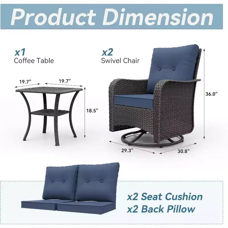 ALAULM 3 Pièces Chaises Basculantes Pivotantes en Rotin pour Patio - Chaises à Bascule Pivotantes d'extérieur avec 1 Table Basse en Rotin