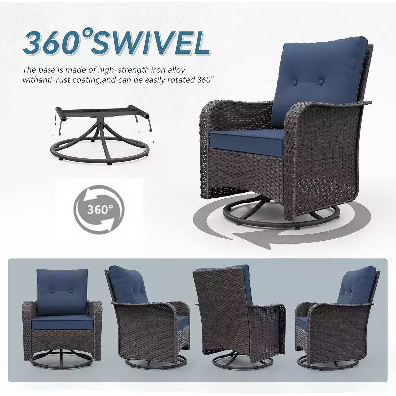 ALAULM 3 Pièces Chaises Basculantes Pivotantes en Rotin pour Patio - Chaises à Bascule Pivotantes d'extérieur avec 1 Table Basse en Rotin