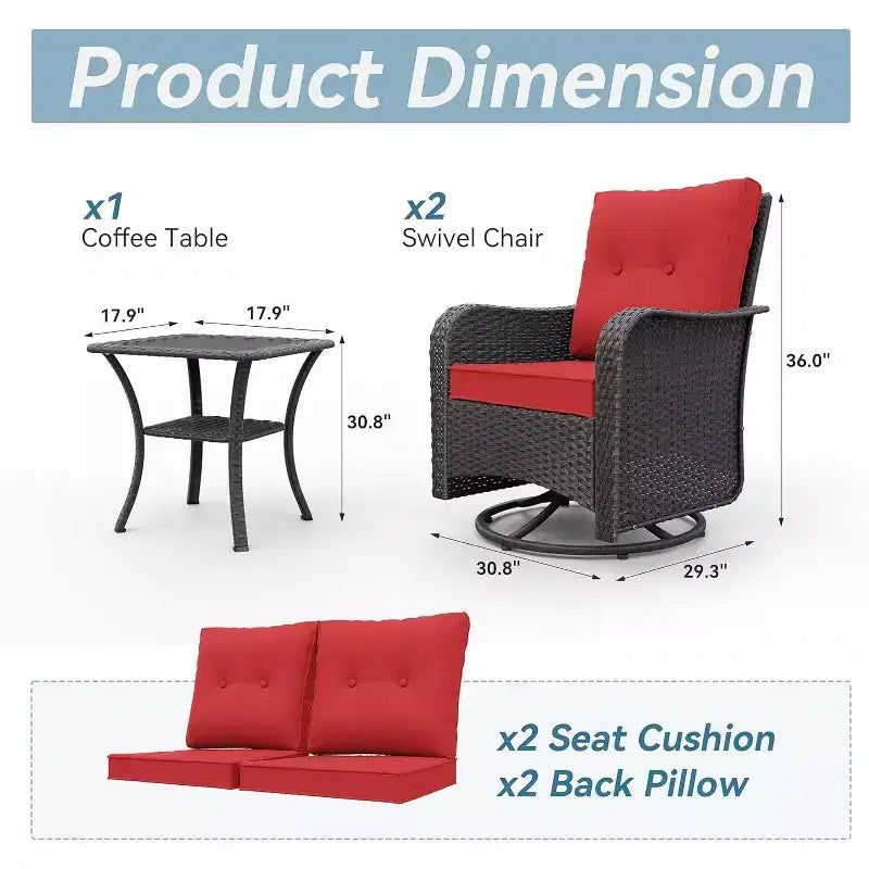 ALAULM 3 Pièces Chaises Basculantes Pivotantes en Rotin pour Patio - Chaises à Bascule Pivotantes d'extérieur avec 1 Table Basse en Rotin