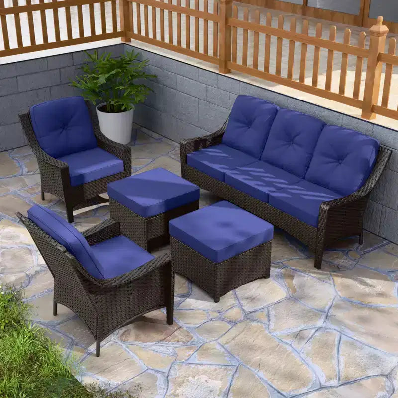 EAGLE PEAK Ensemble de mobilier de jardin en osier 5 pièces Azure Bay, canapé et chaises avec poufs