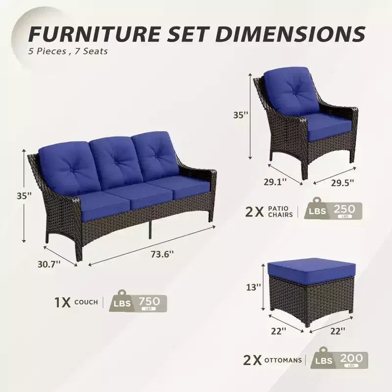 EAGLE PEAK Ensemble de mobilier de jardin en osier 5 pièces Azure Bay, canapé et chaises avec poufs