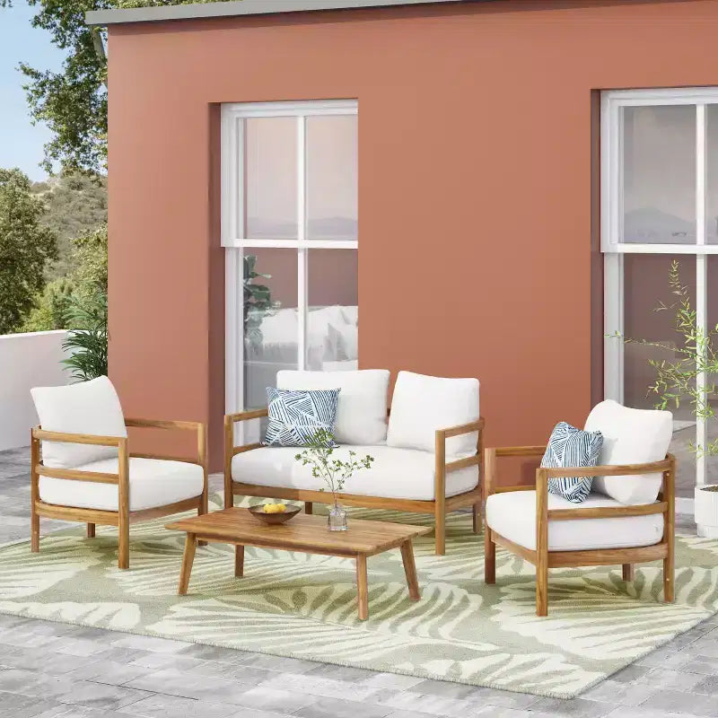 Christopher Knight Home Aggie Salon de jardin 4 places en bois d'acacia avec coussins, teck/blanc