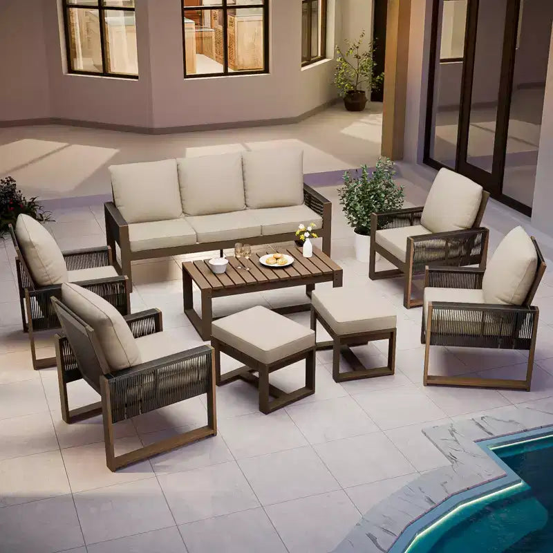EAGLE PEAK Ensemble de conversation en bois de cèdre naturel, mobilier de terrasse extérieur avec 2 poufs et table basse