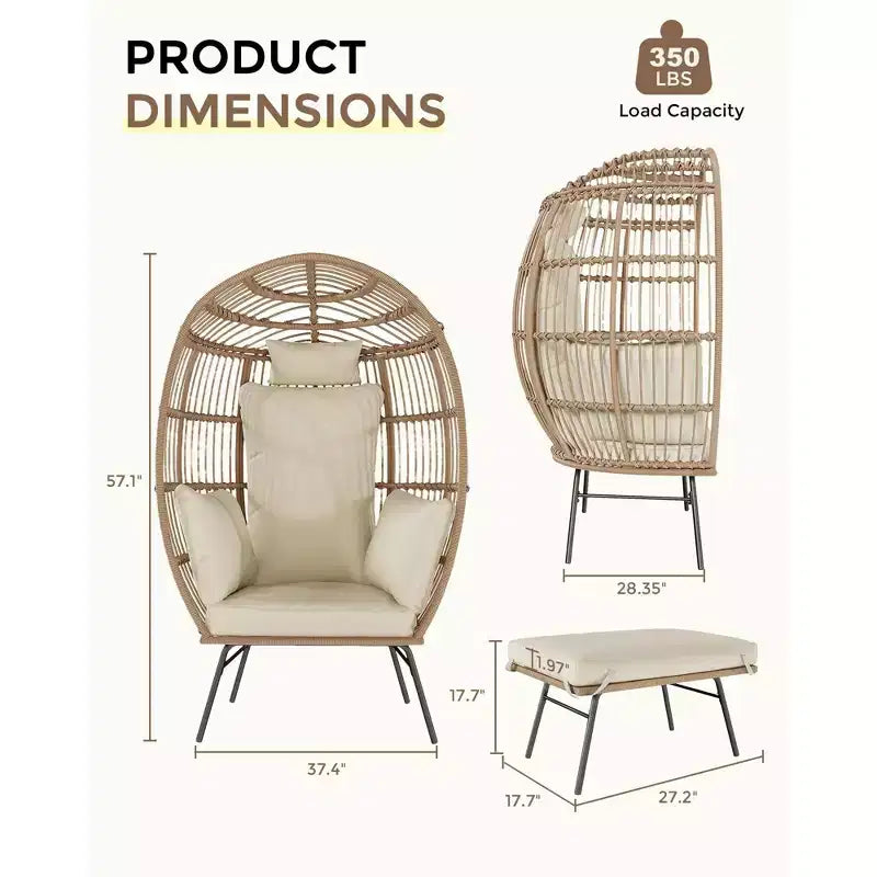 Fauteuil suspendu œuf en osier surdimensionné avec pouf – Chaise longue en forme d'œuf avec coussin épais, siège confortable en rotin, utilisation intérieure/extérieure, pour patio, véranda, jardin
