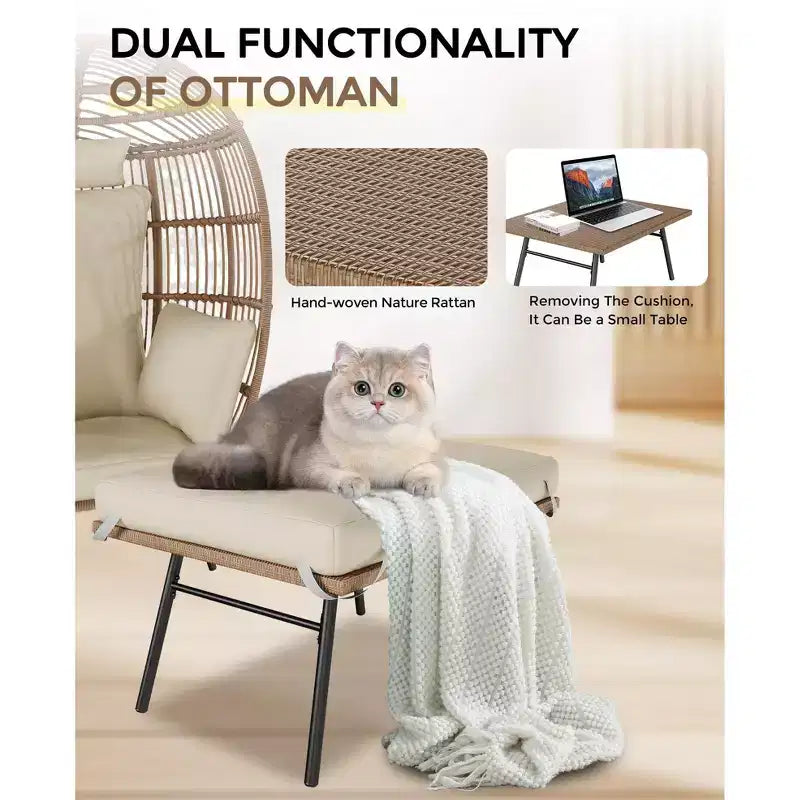 Fauteuil suspendu œuf en osier surdimensionné avec pouf – Chaise longue en forme d'œuf avec coussin épais, siège confortable en rotin, utilisation intérieure/extérieure, pour patio, véranda, jardin