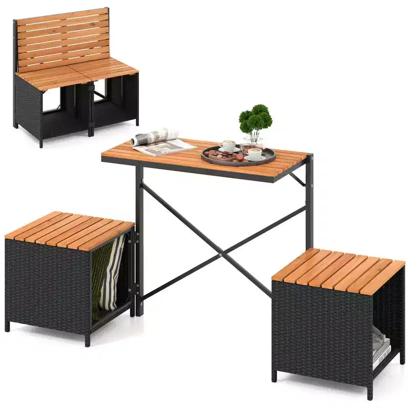 Costway Banc convertible 2-en-1 d'extérieur avec cadre en métal, table en résine tressée et ensemble de chaises